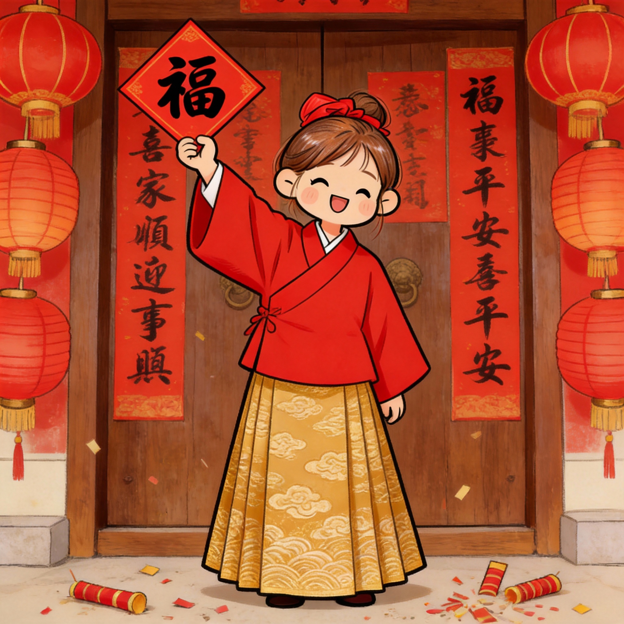 卡通风春节小女孩少女儿童门前举福插画素材 | AI智能生成设计模板-千图AI