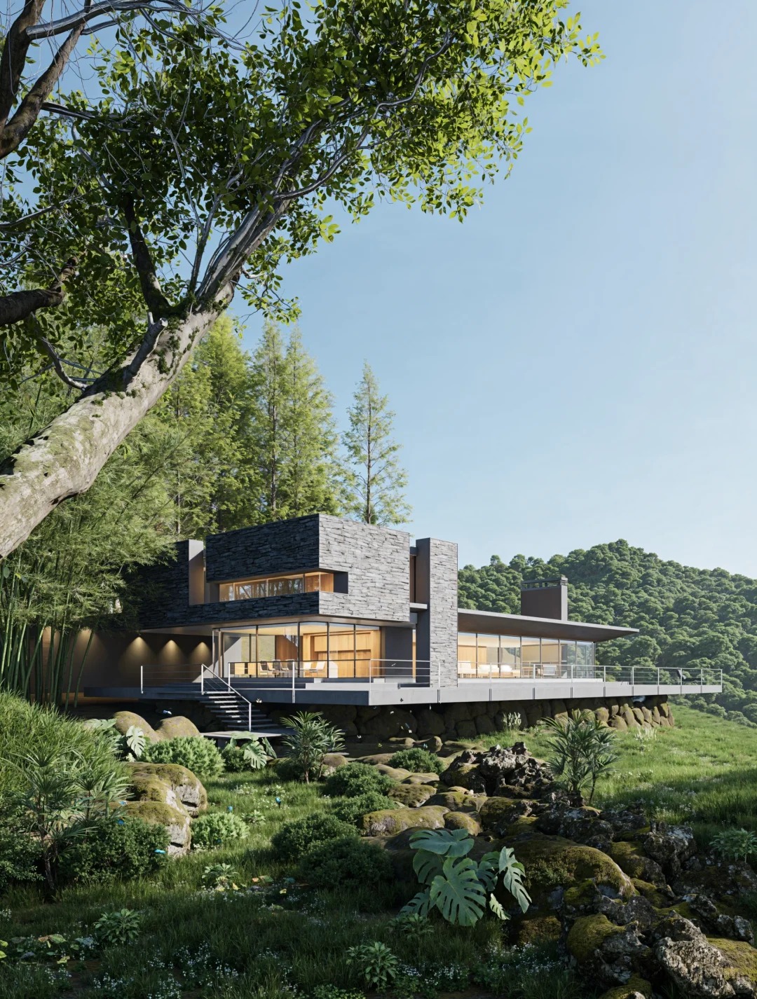 3D渲染山林草地别墅建筑商业照片 | AI智能生成设计模板-千图AI