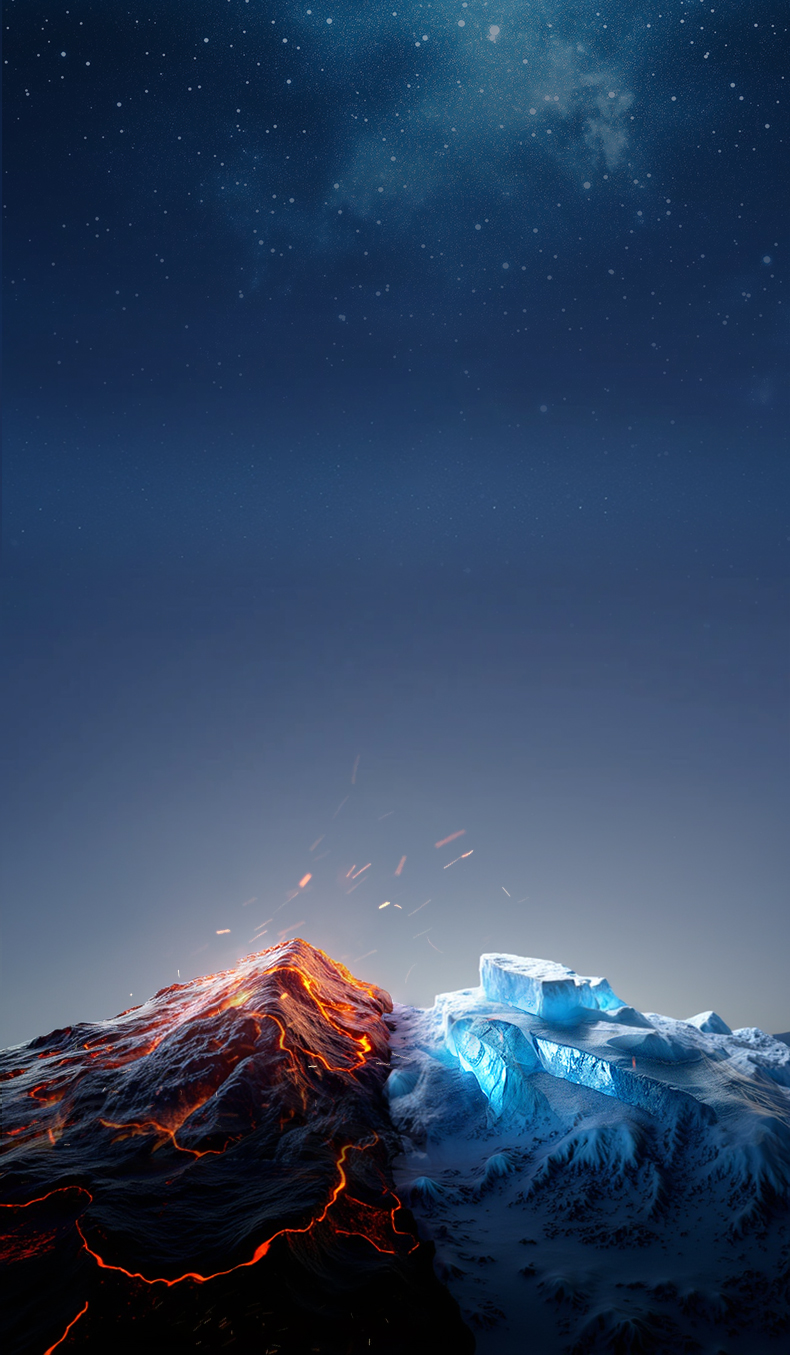 3D渲染科幻风火山冰川极端自然景观对立场景插画 | AI智能生成设计模板-千图AI