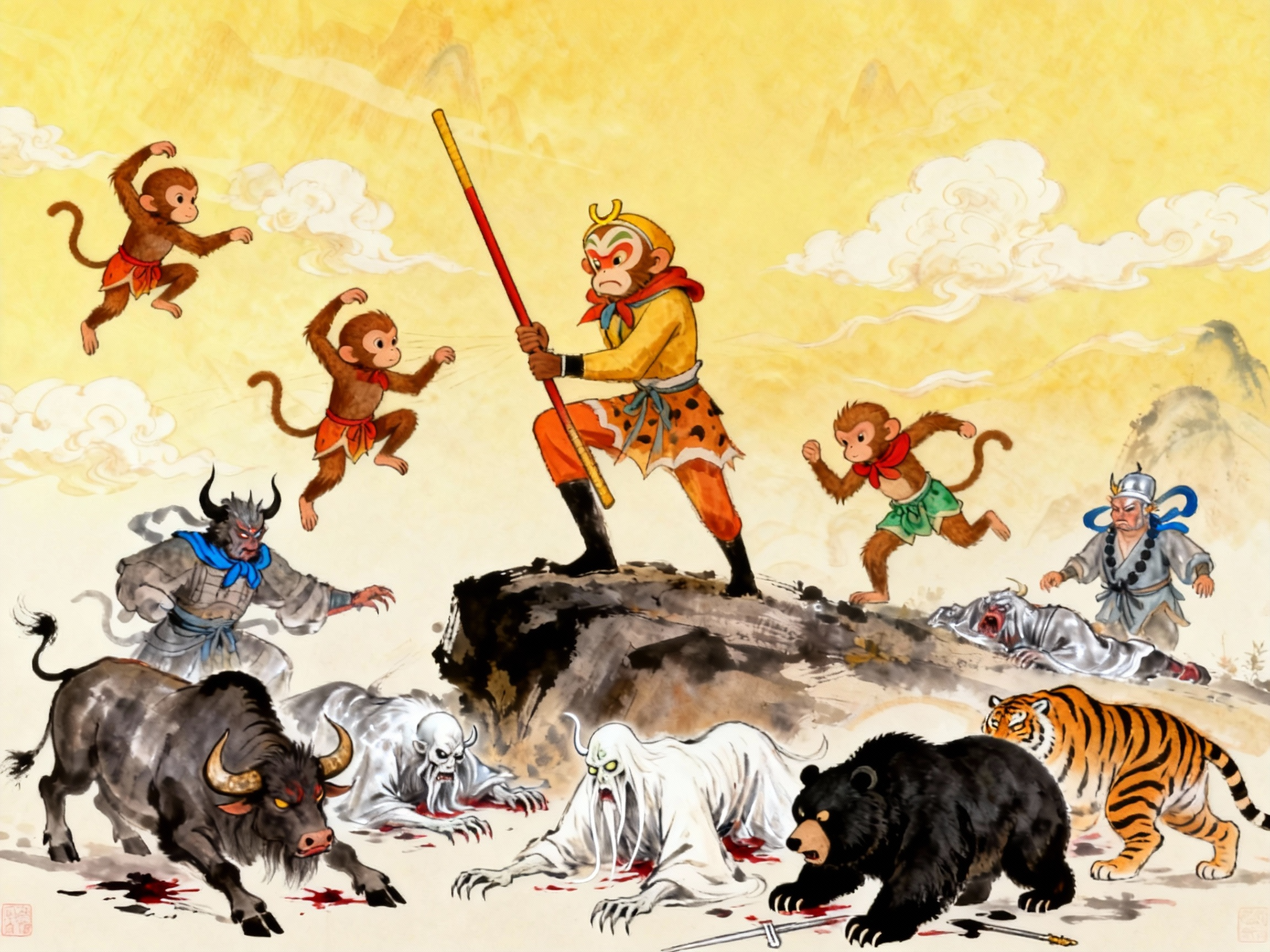 中国风卡通水墨神话孙悟空率领群猴激战猛兽插画 | AI智能生成设计模板-千图AI