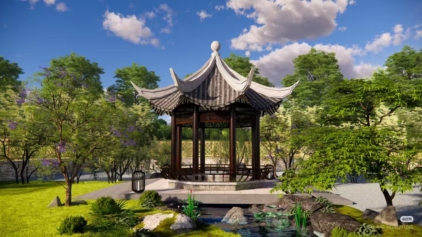3D渲染中式园林庭院亭子景观插画素材 | AI智能生成设计模板-千图AI