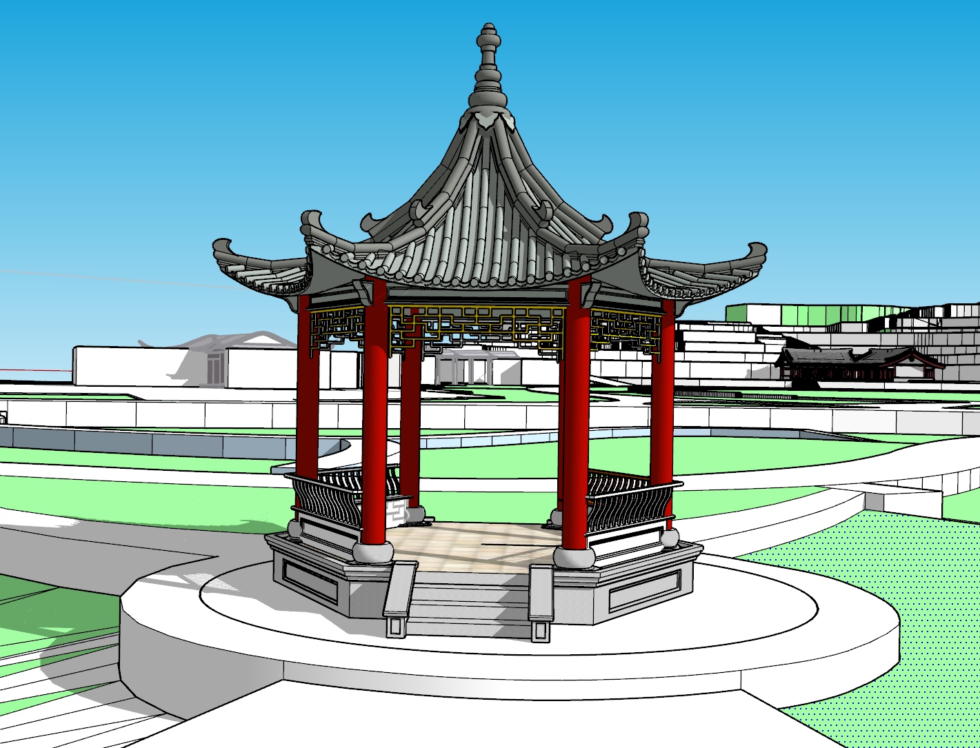 3D渲染中式园林庭院亭子景观插画素材 | AI智能生成设计模板-千图AI