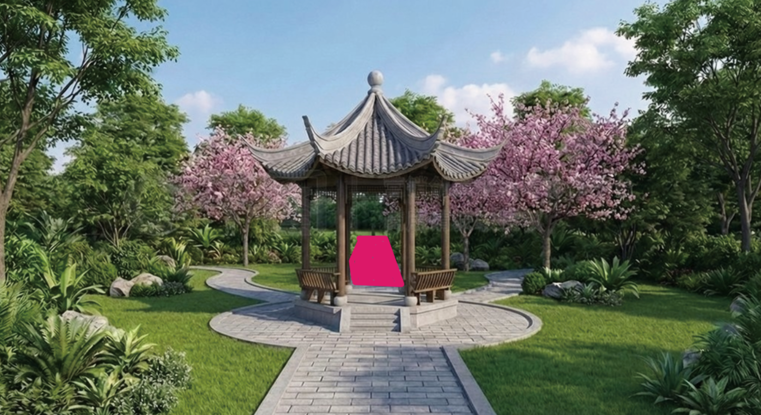3D渲染中式园林花园景观场景插画素材 | AI智能生成设计模板-千图AI