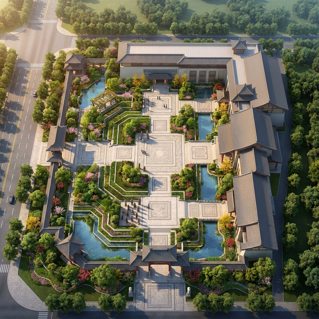 3D渲染中式园林庭院建筑场景插画素材 | AI智能生成设计模板-千图AI