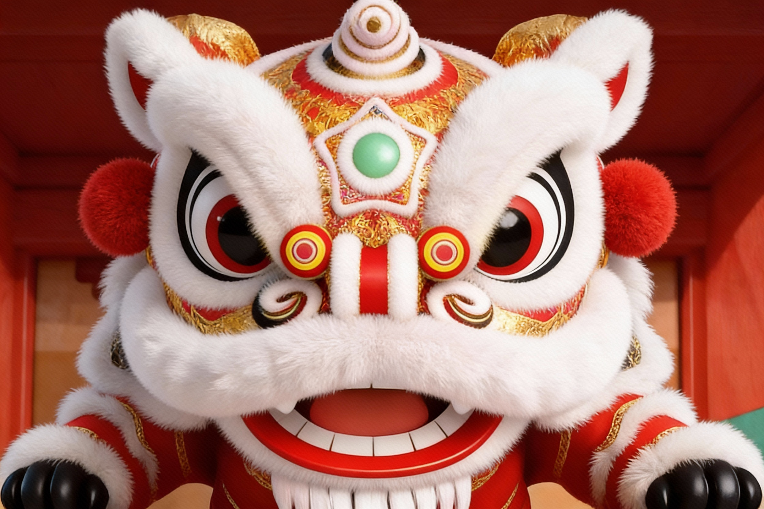 3D渲染卡通中国风传统舞狮头节日庆典吉祥喜庆元素 | AI智能生成设计模板-千图AI