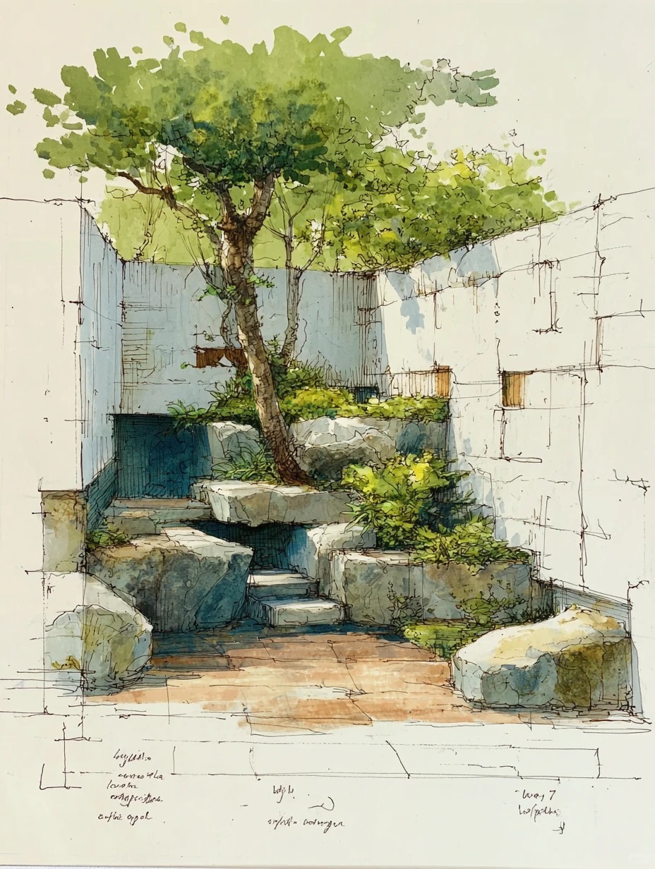 水彩风庭院户外花园景观插画素材 | AI智能生成设计模板-千图AI