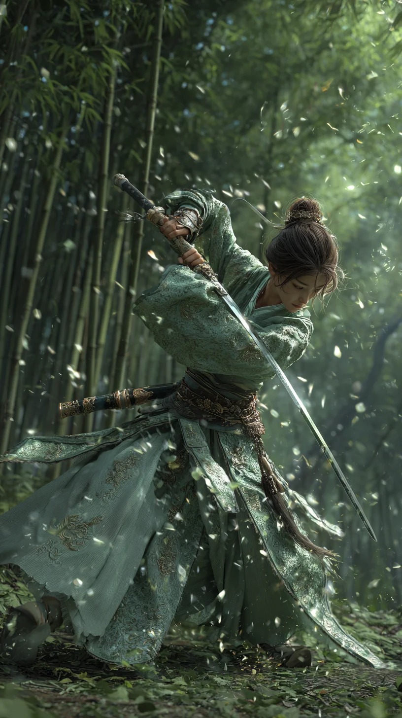 侠客武士剑客竹林挥剑练武场景人像照片 | AI智能生成设计模板-千图AI