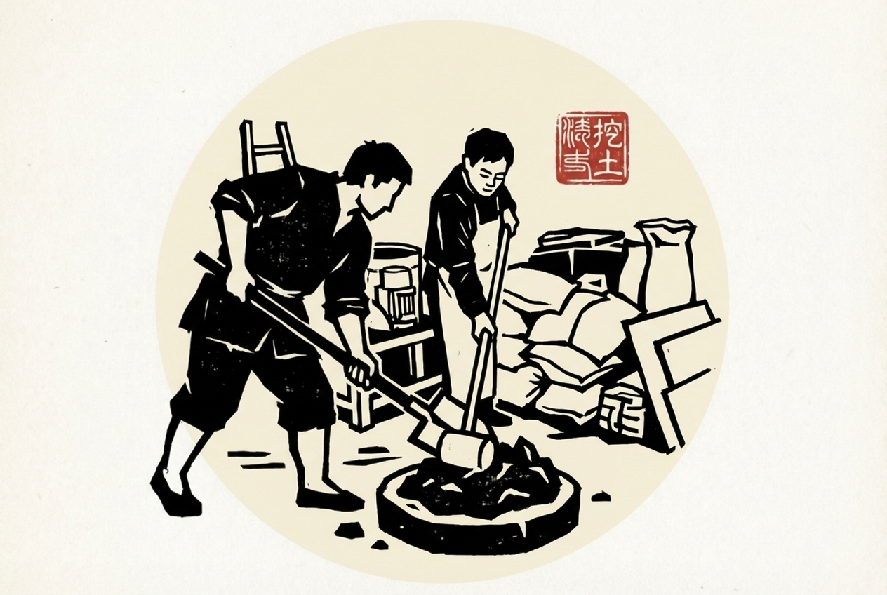 复古中国风木刻版画风格中年男女合作学习书房场景插画 | AI智能生成设计模板-千图AI