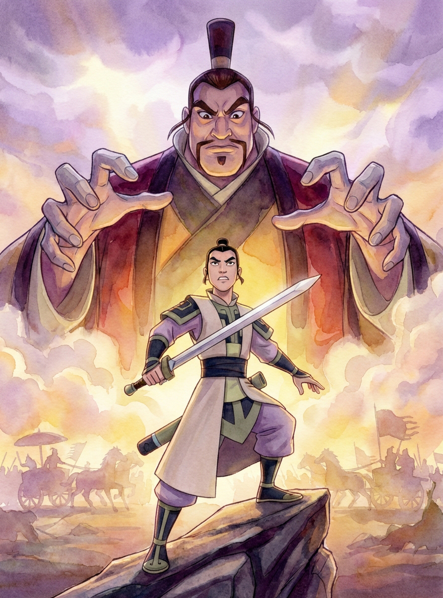 卡通风古代侠客将领战场持剑插画素材 | AI智能生成设计模板-千图AI