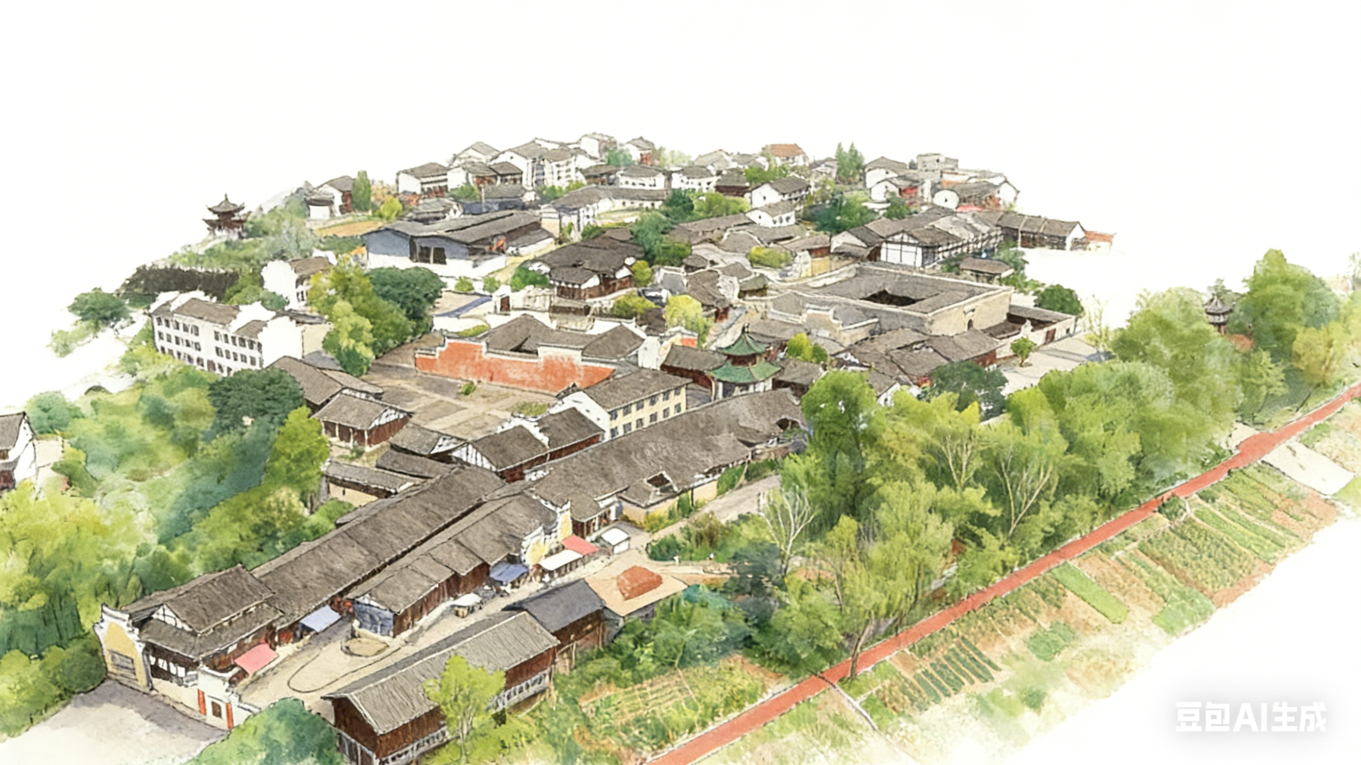水墨风春日田园乡村山水插画素材 | AI智能生成设计模板-千图AI