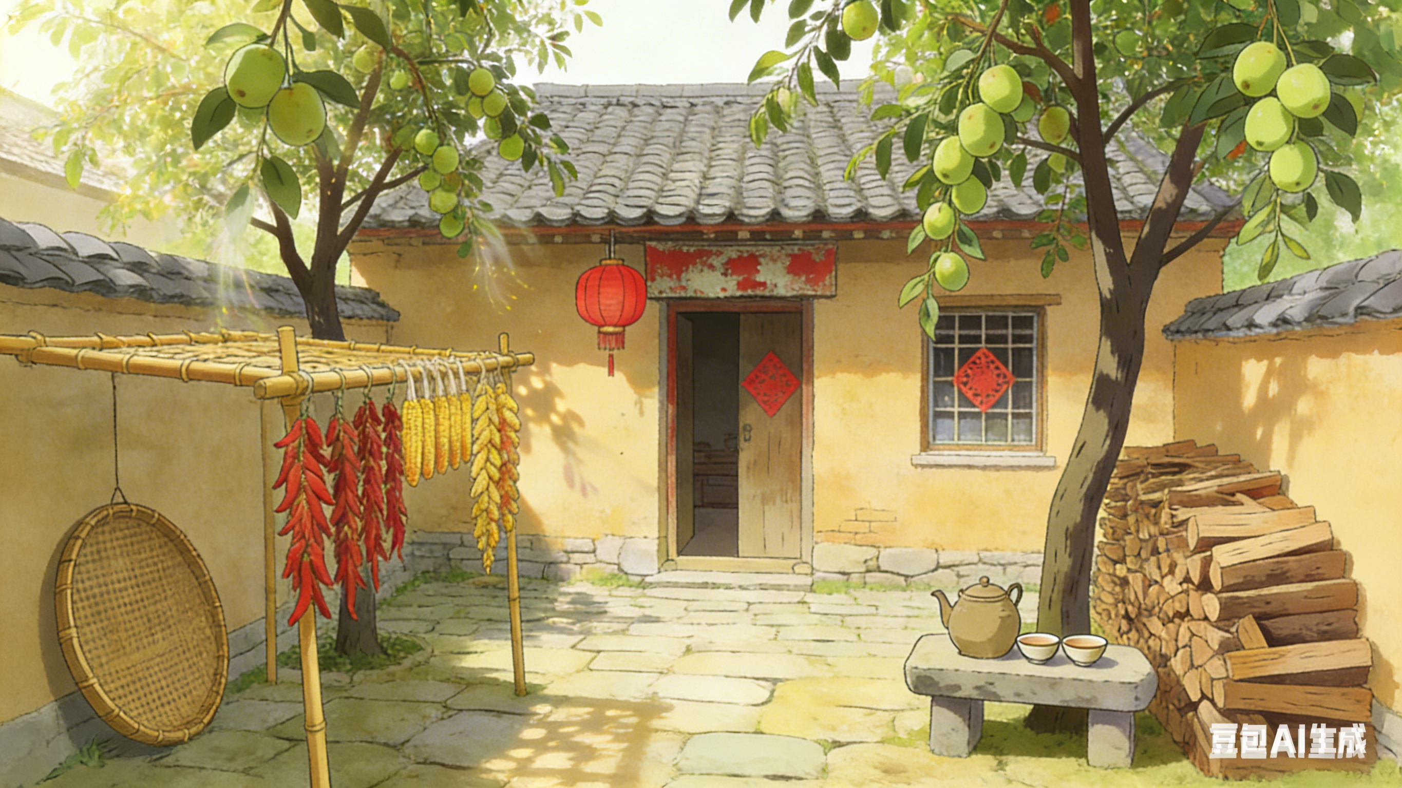 中国风乡村农家小院春节场景插画素材 | AI智能生成设计模板-千图AI