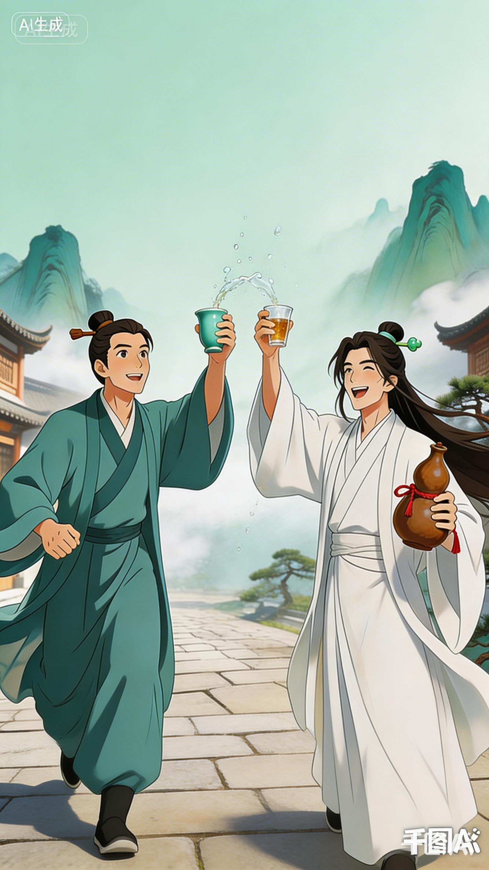 卡通风古人今人饮酒观景插画素材 | AI智能生成设计模板-千图AI