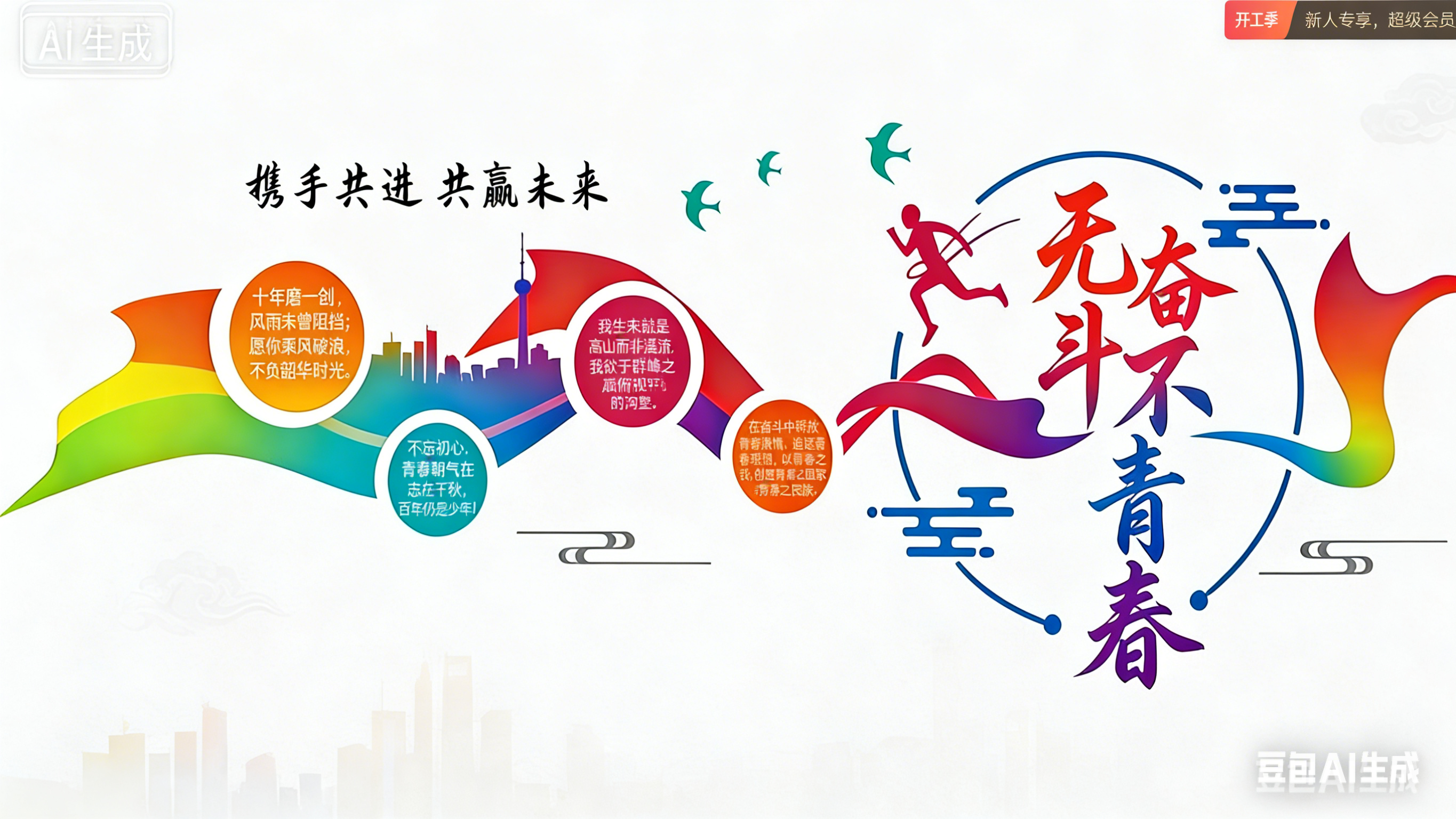 水墨风青年学生城市锻炼插画素材 | AI智能生成设计模板-千图AI