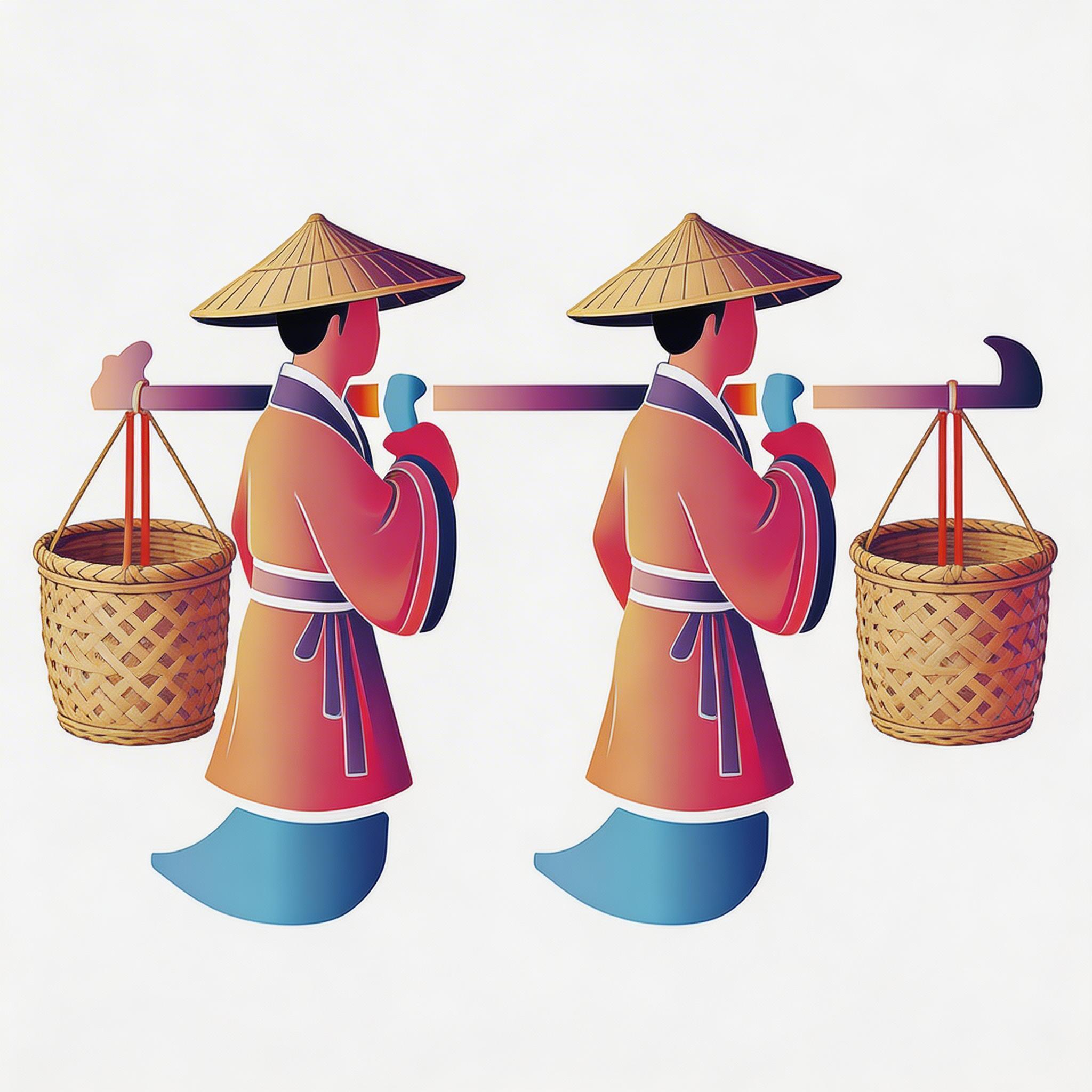 中国风古人劳工挑夫挑担场景插画素材 | AI智能生成设计模板-千图AI