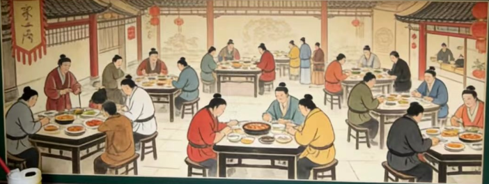 中国风古代人物酒楼饭庄用餐聚会插画素材 | AI智能生成设计模板-千图AI
