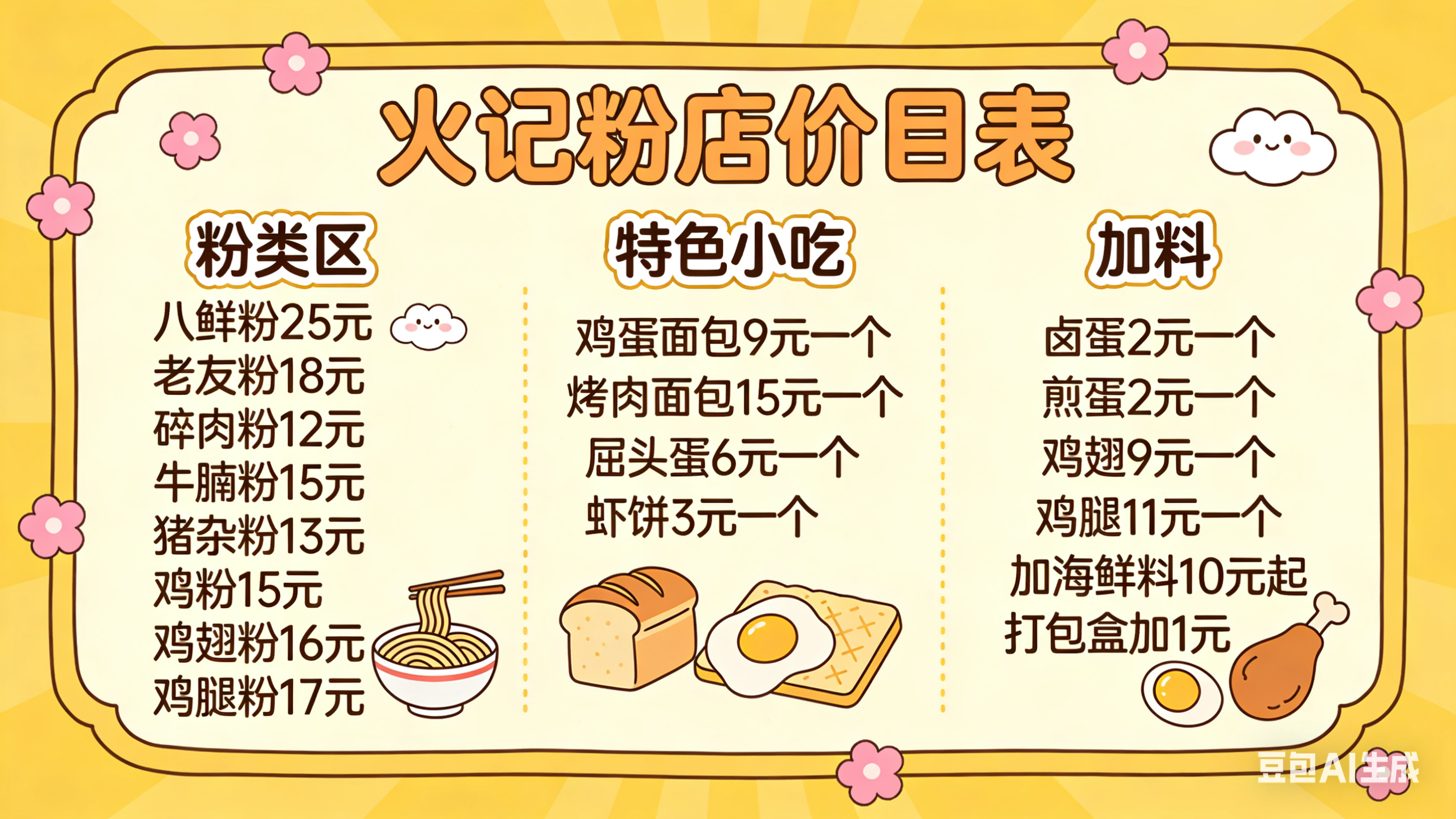 卡通风火记粉店价目表插画素材 | AI智能生成设计模板-千图AI