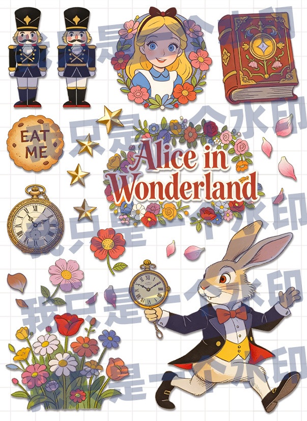 卡通风爱丽丝童话元素插画素材 | AI智能生成设计模板-千图AI