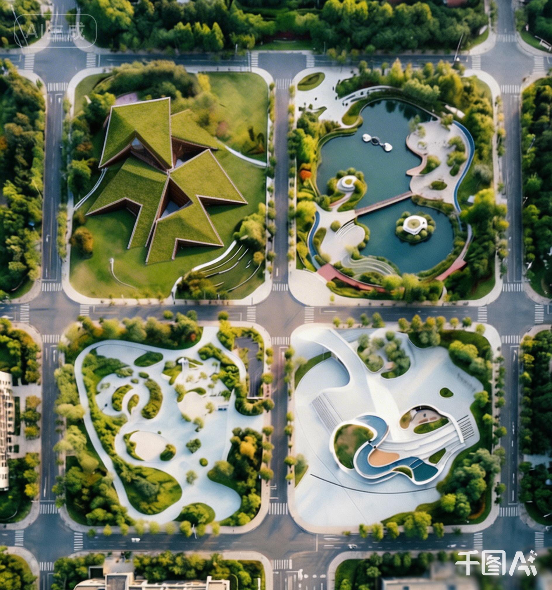 城市公园绿地建筑鸟瞰视角商业照片 | AI智能生成设计模板-千图AI